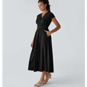 [Halara] Black Breezeful Short Sleeve V-Neck Tie Back Fit & Flare Midi Dress XL